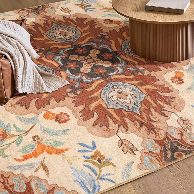 Phantoscope Washable Round Area Rug 6ft Non-Slip, Vintage Boho Rugs for Living Room, Bedroom, Dining Room, Fall Orange Floral Medallion Pattern, Low-Pile Foldable Floor Carpet, Rust/Multi Floral