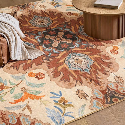 Phantoscope Washable Area Rug 5'x7' Non-Slip, Vintage Boho Rugs for Living Room, Bedroom, Dining Room, Fall Orange Floral Medallion Pattern, Low-Pile Foldable Floor Carpet, Rust/Multi Floral