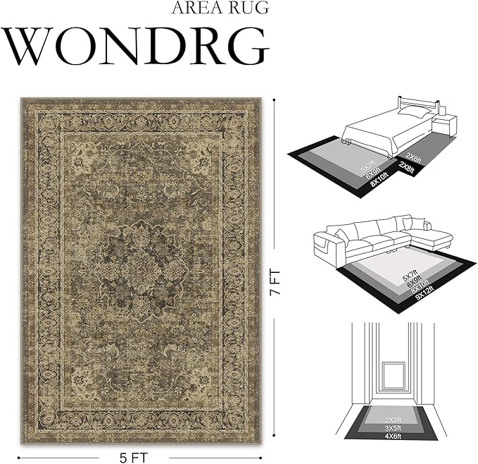 2x6 Brown Washable Vintage Runner Rug for Living Room Bedroom Soft Tranditional Non Slip Runner Area Rug Lightweight Floral Low Pile Distressed Runner Kitchen Hallway Bedroom