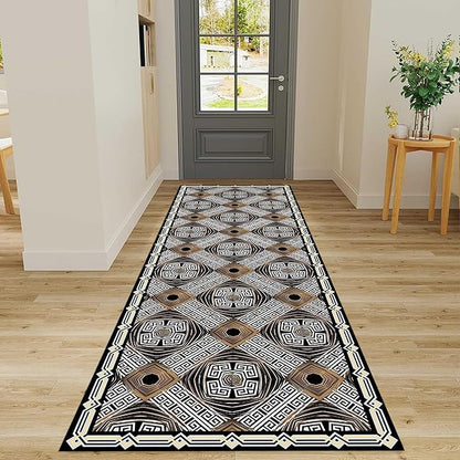Classic Geometric Runner Rug, 2.6x10ft, Greek Key Print Runners Rugs, Vintage Moroccan Checkered Carpet, Cozy Short Pile No Crease Farmhouse Rugs for Living Room Laundry