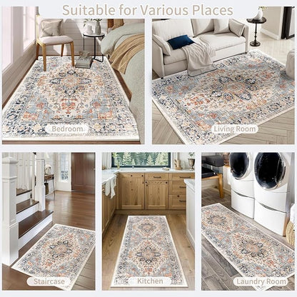 Enkor Area Soft Rugs 6x9 Washable Non Slip Boho Floor Rugs for Living Room Bedroom, Vintage Style Farmhouse Mat for Kitchen Entryway Orange & Black