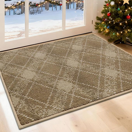 COSY HOMEER Plaid Door Mat 24" x 36",Dirt Trapper Entryway Rugs,Non-Slip Washable Farmhouse Doormat,Low Profile Welcome Mats for Paws Taupe