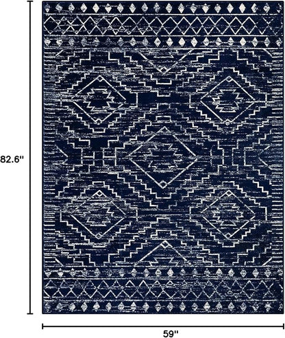 Wonnitar Moroccan 5x7 Blue Rugs for Living Room, Washable Geometric Tribal Bedroom Area Rug, Large Non-Shedding Soft Low Pile Stain Resistant Carpet for Den Kitchen Home Decor (Blue,5'x7')