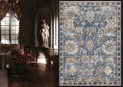 RUGSURE Washable Area Rugs - Stain & Water Resistant Non-Slip Backing - Pet & Child Friendly Vintage Tribal Design in Navy with Beige, Brown & Gold Accents - Ideal for Living Room (8' x 10')