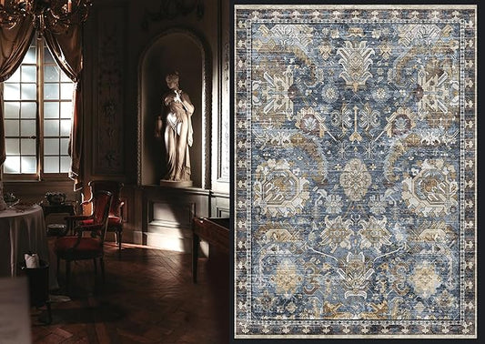 RUGSURE Washable Area Rugs - Perfect for Living Room, Bedroom, Kids Room, Nursery - Stain & Water Resistant Non-Slip, Pet & Child Friendly, Vintage Tribal Area Rugs (Navy, 3' x 5 ')