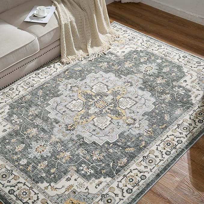 jinchan Runner Rug 2x6 Vintage Hallway Rug Boho Washable Runner Floral Medallion Retro Lightweight Non Slip Classic Thin Soft Carpet for Kitchen Bedroom Bathroom Laundry Room Doorway Grey