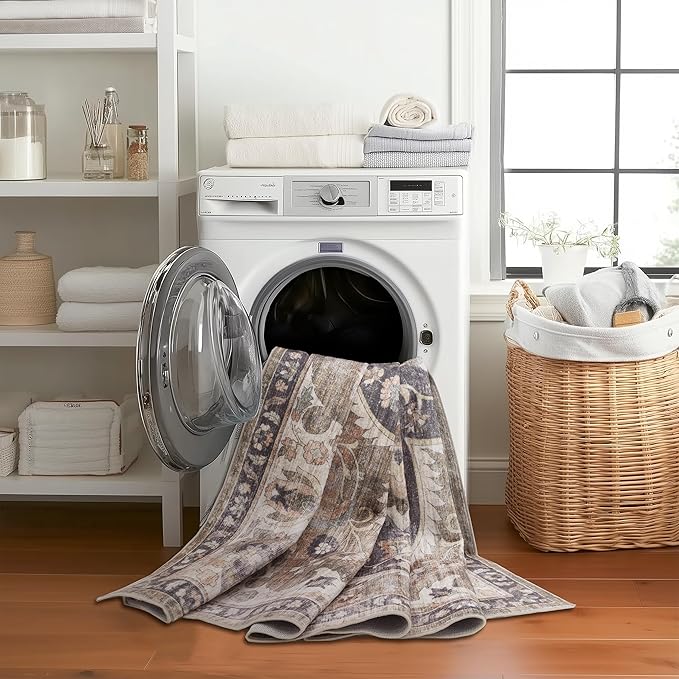 ReaLife Rugs Machine Washable Area Rug - Living Room Bedroom Bathroom Kitchen Entryway Office - Non Slip Low Pile Stain Resistant Premium - Boho Farmhouse Vintage - Joy - Brown Beige 6' Round