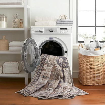 ReaLife Rugs Machine Washable Area Rug - Living Room Bedroom Bathroom Kitchen Entryway Office - Non Slip Low Pile Stain Resistant Premium - Boho Farmhouse Vintage - Joy - Brown Beige 6' Round