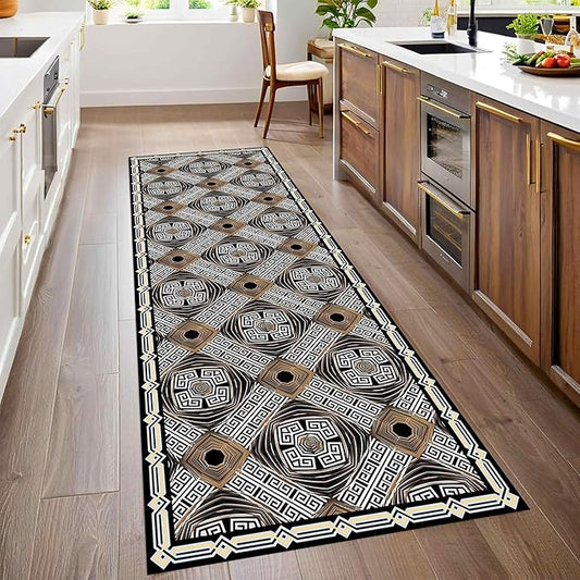 Classic Geometric Runner Rug, 2.6x10ft, Greek Key Print Runners Rugs, Vintage Moroccan Checkered Carpet, Cozy Short Pile No Crease Farmhouse Rugs for Living Room Laundry