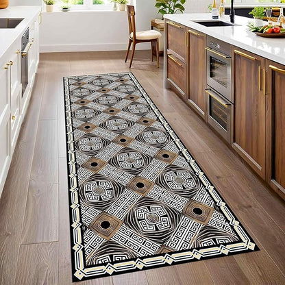 Classic Geometric Runner Rug, 2x10ft, Greek Key Print Runners Rugs, Vintage Moroccan Checkered Carpet, Cozy Short Pile No Crease Farmhouse Rugs for Living Room Laundry