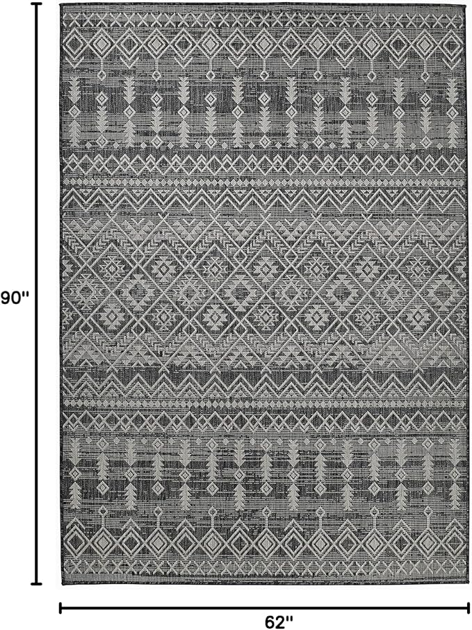 FH Home Flat Woven Outdoor Rug - Waterproof, Easy to Clean, Stain Resistant - Premium Polypropylene Yarn - Boho Moroccan - Patio, Porch, Deck, Balcony - Dakar - Charcoal - 5ft 2in x 7ft 6in