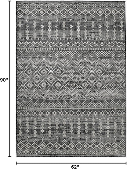 FH Home Flat Woven Outdoor Rug - Waterproof, Easy to Clean, Stain Resistant - Premium Polypropylene Yarn - Boho Moroccan - Patio, Porch, Deck, Balcony - Dakar - Charcoal - 5ft 2in x 7ft 6in