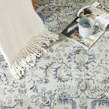 jinchan Kalen Area Rug 4x6 Washable Bedroom Rug Vintage Indoor Thin Floor Cover Retro Distressed Floral Country Boho Lightweight Non Slip Carpet for Kitchen Living Room Dining Room Office Blue