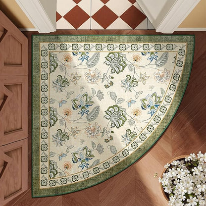 jinchan Elora Floral Corner Rug for Entryway Washable Kitchen Rug Vintage Romance Design Non Slip Quarter Circle Lightweight Low-Pile Throw Carpet for Playroom Reading Nook, 4ft Radius, Green/Beige