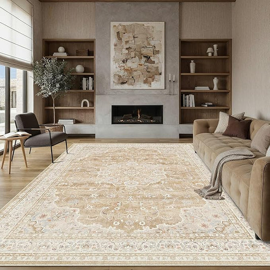 HUGEAR Machine Washable Area Rugs 6x9 Vintage Beige Brown Living Room Bedroom Rug Neutral Style Non Slip Stain Resistant Low Pile Throw Carpet for Home Retro Aesthetic Modern Decor
