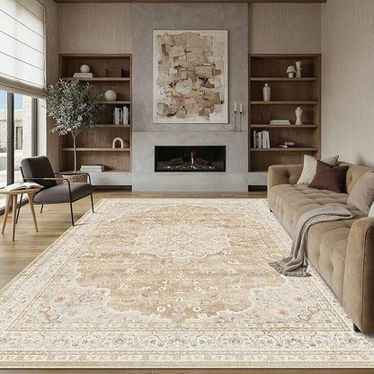 HUGEAR Machine Washable Area Rugs 9x12 Vintage Beige Brown Living Room Bedroom Rug Neutral Style Non Slip Stain Resistant Low Pile Throw Carpet for Home Retro Aesthetic Modern Decor