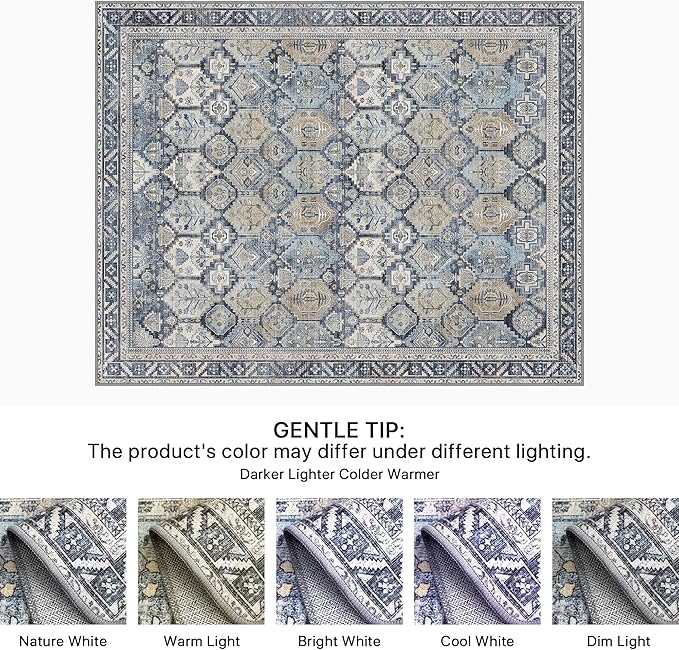 Bavni Washable Rug 8x10 Area Rug for Living Room Bedroom Dining, Washable Vintage Print Carpet, Ultra-Thin Chenille Low Pile Lightweight Rug with Non Slip Backing, Blue