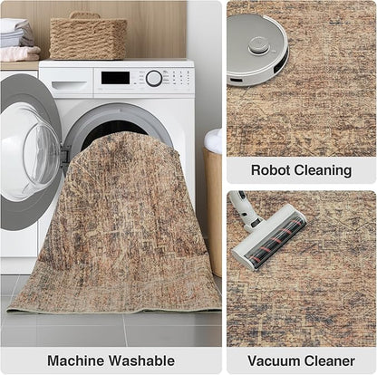 FMFUNCTEX 4x6 Washable Area Rug Neutral Vintage Rust Brown Distressed Non Slip Low Pile Traditional Indoor Carpet for Living Room Bedroom Soft Retro Throw Rug for Dining Office Kitchen Dorm Entryway