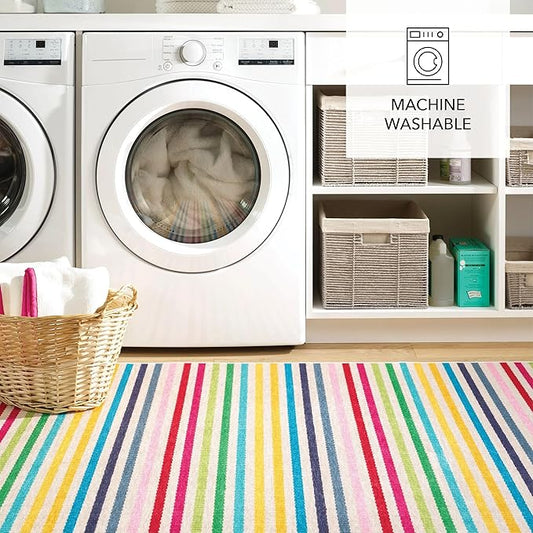 Dash and Albert Rainbow Machine Washable Area Rug - 2' x 3' Multicolor Stripe Washable Accent Rug - Durable, High Traffic Areas Kitchen, Mudroom, Hallways