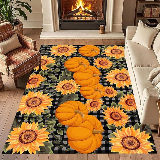 Autumn Style Area Carpet, 3x4ft, Checkered with Sunflower and Pumpkin Fall Harvest Large Flower Rug, Fluffy Short Pile Rubber Backed Farmhouse Door Mat for Study Room Front Door