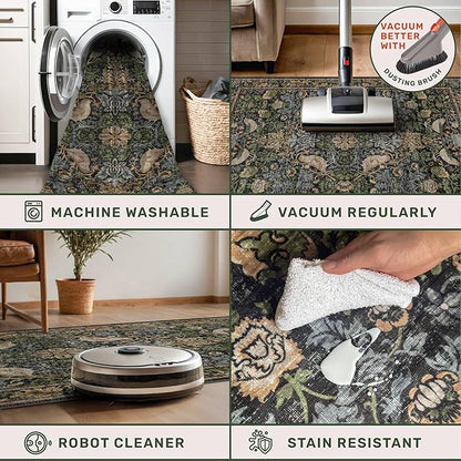 Vintage Runner Rugs for Hallways - 2'6"x10' Wide Kitchen Runners, 10 ft Long Entryway Rug, Botanical Pattern with Flowers and Leaves, Washable Non Slip Low Pile