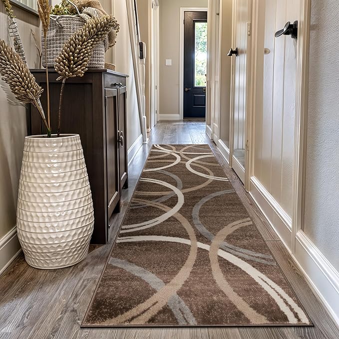 Rugshop Modern Wavy Circles Design Runner Rug, Carpet with Jute Backing for Hallway, Entryway, or Kitchen, Brown, 2'7" x 12'