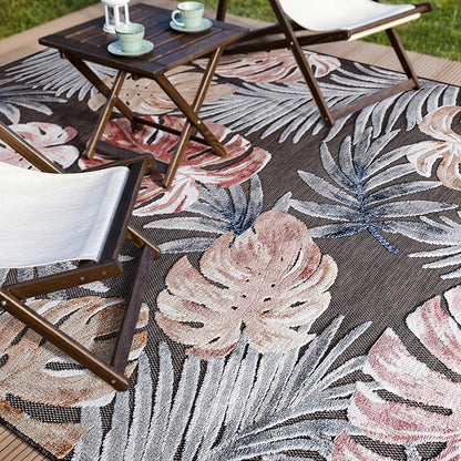 CAMILSON Indoor Outdoor Rug, Brown 9’x12’ Leaf Tropical Botanical Area Rugs for Indoor and Outdoor patios, Easy-Cleaning Non-Shedding Living Room, Garden and Kitchen Washable Outside Carpet (9x12)