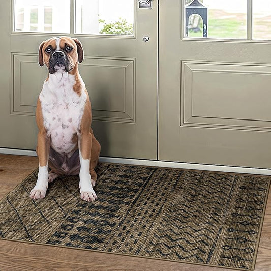 2x3 Machine Washable Area Rug for Entryway, Brown Black Vintage Moroccan Rug Non-Slip Low Pile Soft Faux Wool Small Carpet, Kids and Pets Friendly for Bedroom Kitchen Hallway Bedside Home Decor Rug