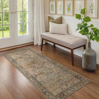 Bavni Kitchen Rug 2x7 Runner Rugs for Hallways Entryway, Washable Vintage Print Carpet, Ultra-Thin Chenille Low Pile Lightweight Rug with Non Slip Backing, Warm Taupe