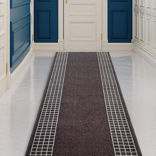 Custom Made Runner Rug for Kitchen Foyer Hallway Entry Choose Your Length 26 Inch Wide Geometric Checkered Design Brown Color (46 feet x 26 inch)