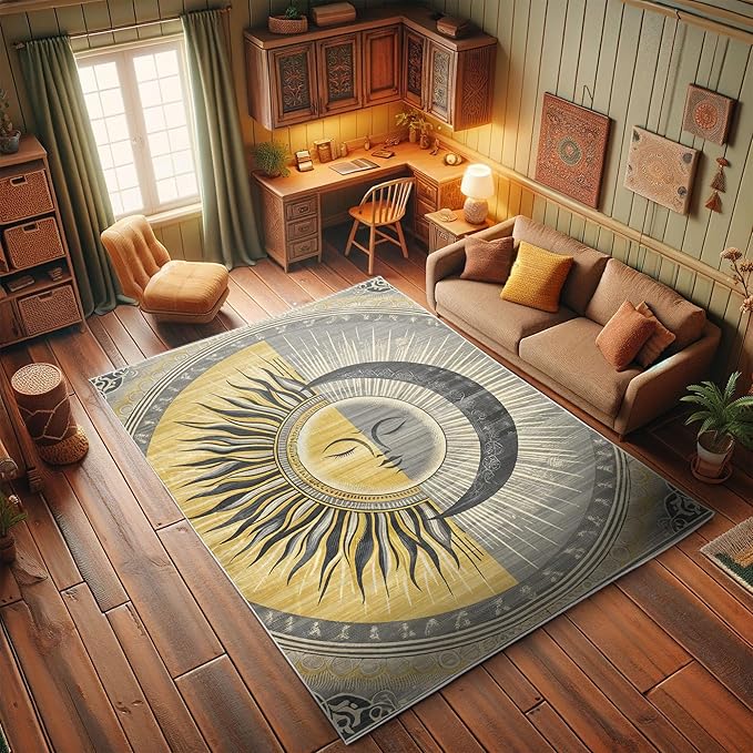 Ambesonne Sun and Moon Decorative Rug, Celestial Esotery Lunar and Solar Characters with Leafy Details Modern, Quality Carpet for Bedroom Dorm and Living Room, 4' X 5' 5", Mustard Purpleblue