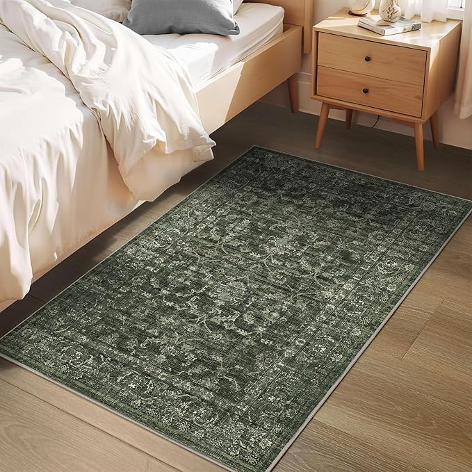 Washable Area Rug 2x3 Green Rugs for Living Room, Vintage Boho Rug for Bedroom Dining Room Office, Distressed Floral Print Carpet for Under Table, Soft Non Slip Low Pile Throw Carpet Indoor Mat