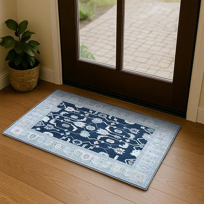 Fame Living Navy Blue Oushak Rug, Modern Small Rugs, Vintage, Turkish, Eclectic, Floral, Pastel, Washable, Door Mat, Doormat for Indoor Entrance, Entryway, Kitchen, Bathroom, Bedroom, Laundry, 2'x3'