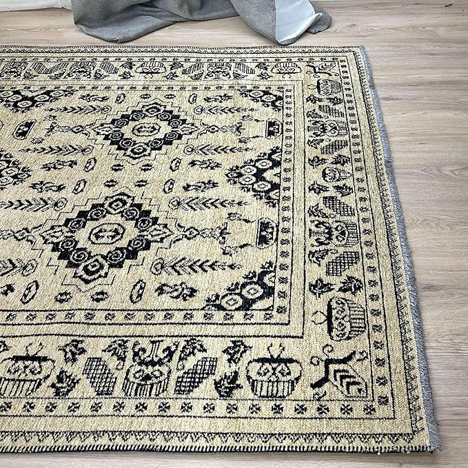 Alfa Rich 4x6 Beige Black Washable Area Rugs for Living Room Bedroom Kitchen Dining Cotton Rug