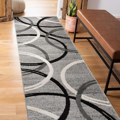 Rugshop Wavy Circles Design Runner Rug, Fade-Resistant Carpet for Hallway, Kitchen, or Entryway, Gray, 2' x 10'