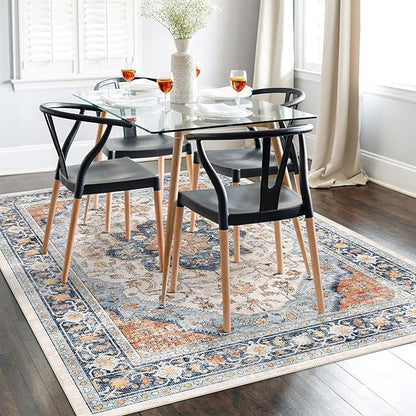 vivorug 4x6 Rug, Boho Small Area Rug for Living Room, Bedroom, Kitchen, Machine Washable Non-Slip Throw Rug, Vintage Floral Carpet for Entryway Nursery Coffee Table - Durable (Orange/Navy)