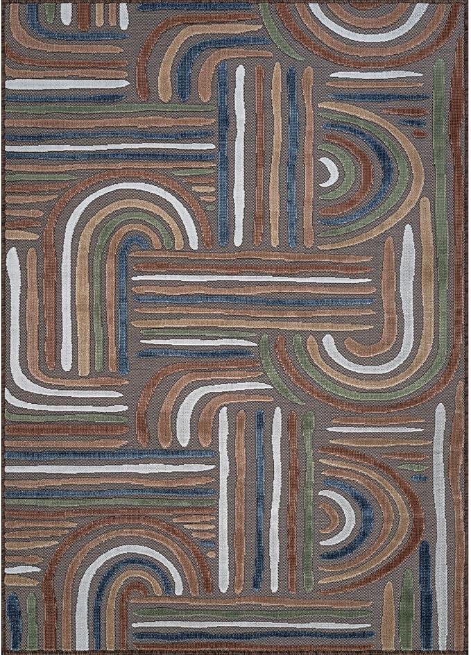 CAMILSON Indoor Outdoor Rug, Brown 8x10 Geometric Arch Striped Area Rugs for Patio and Home Areas, Easy-Cleaning Non-Shedding Living Room, Garden and Deck Washable Outside Carpet (8 x 10)