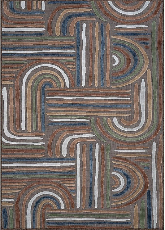 CAMILSON Indoor Outdoor Rug, Brown 8x10 Geometric Arch Striped Area Rugs for Patio and Home Areas, Easy-Cleaning Non-Shedding Living Room, Garden and Deck Washable Outside Carpet (8 x 10)
