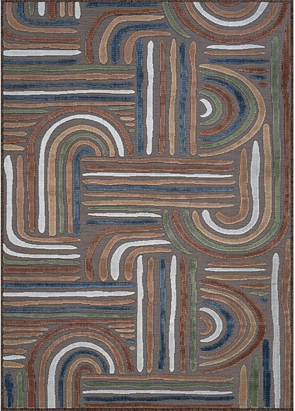 CAMILSON Indoor Outdoor Rug, Brown 6x9 Geometric Arch Striped Area Rugs for Patio and Home Areas, Easy-Cleaning Non-Shedding Living Room, Garden and Deck Washable Outside Carpet (6 x 9)