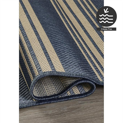 FH Home Outdoor Rug - Waterproof Easy to Clean Stain Resistant - Patio Indoor Outdoor Porch Deck Balcony Entryway - Striped Coastal - Newport - Blue - 5ft 2in x 7ft 6in
