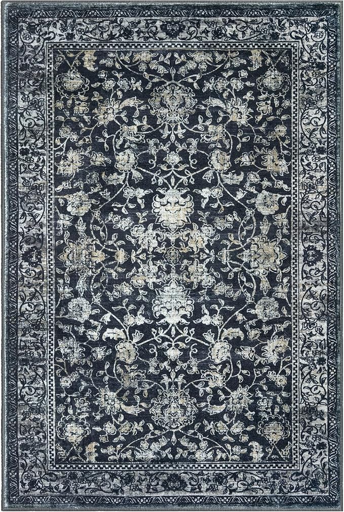 KILOCOCO Area Rug 4x6 Entryway Rug Washable Printed Vintage Floral Rubber Backed Non Slip Indoor Kitchen Rugs for Laundry Room Playroom Bedroom Living Room Moroccan Area Rugs, Navy/Charcoal