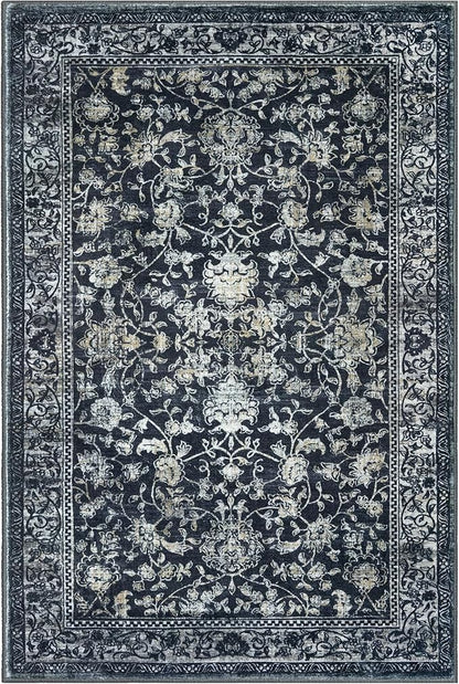 KILOCOCO Area Rug 4x6 Entryway Rug Washable Printed Vintage Floral Rubber Backed Non Slip Indoor Kitchen Rugs for Laundry Room Playroom Bedroom Living Room Moroccan Area Rugs, Navy/Charcoal
