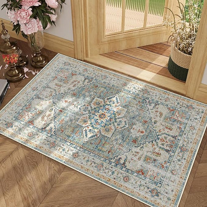 Enkor Area Soft Rugs 2x3 Washable Non Slip Boho Small Floor Entryway Rugs for Living Room Bedroom, Vintage Style Farmhouse Mat for Kitchen Beige & Green