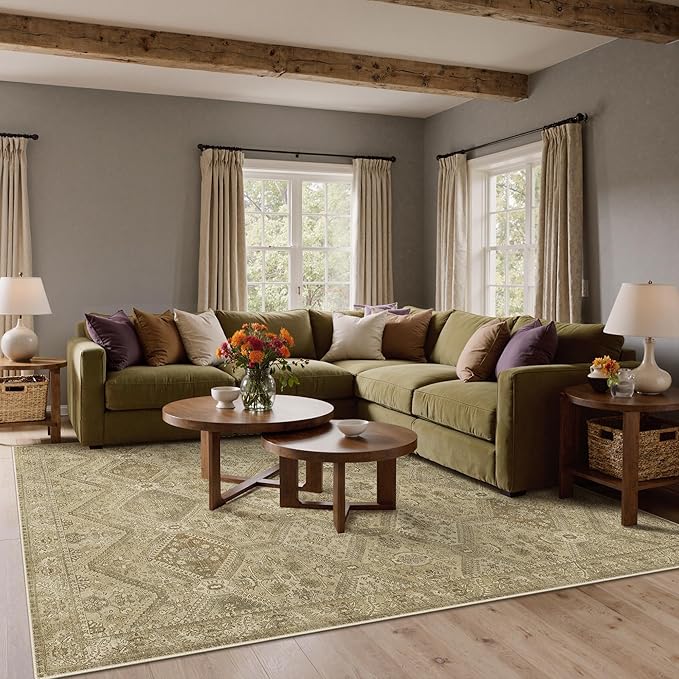 Bavni 8x10 Area Rugs for Living Room, Machine Washable Rug Non Slip, Vintage Chenille Distressed Print Carpet, Large Low Pile Ultra-Thin Lightweight Rugs for Bedroom, Dining Room, Office, Nut Brown