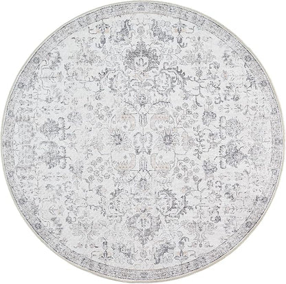 jinchan Kalen Round Rug 4ft Area Rug Washable Vintage Indoor Retro Entryway Floor Cover Distressed Gray Floral 4' Round Circle Boho Non Slip Thin Carpet for Bedroom Living Room Dining Room Grey