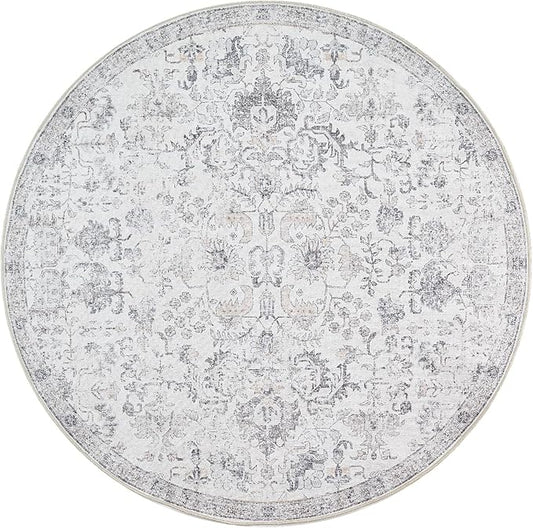 jinchan Kalen Round Rug 6ft Area Rug Washable Vintage Indoor Retro Floor Cover Distressed Gray Floral 6' Round Circle Boho Non Slip Thin Carpet for Living Room Dining Room Bedroom Kitchen Grey