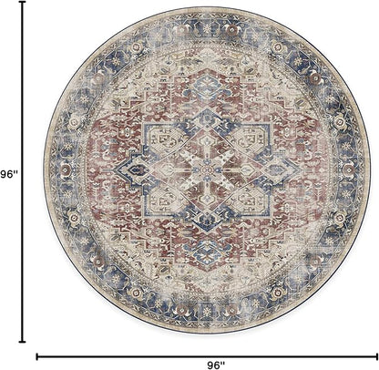 RUGGABLE Washable Vintage Area Rug – Kamran Royal Blue 8 ft Round, Stain-Resistant, Non-Slip – Large Machine Washable Rugs for Living Room, Bedroom, Hallway, Entryway & Office–with Standard Pad