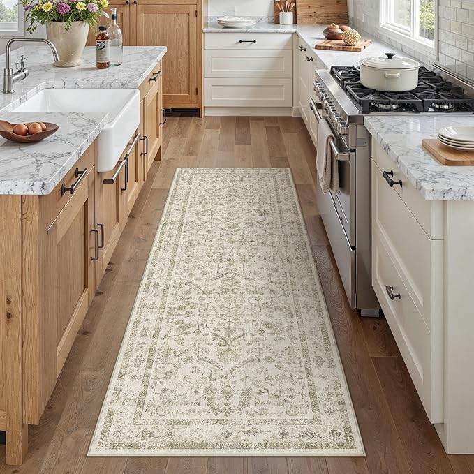 Taupe 2x5 Runner Rug Vintage Area Carpet Hallway Indoor Kitchen Washable Low Pile Traditional Distressed Retro Accent Throw Rug Non Slip for Laundry Bathroom Office