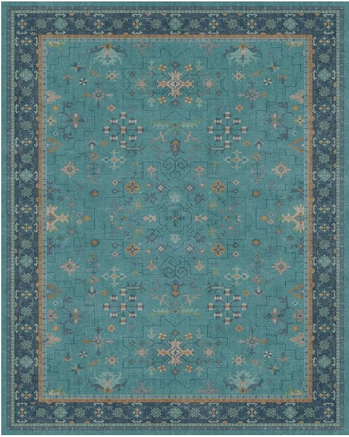 Teal 3x6 Wide Non Slip Kitchen Rug - Washable Front Door Runner Indoor Entrance, Vintage Floral Pattern Indoor Decor, Non Slip Soft Low Pile Fade Resistant