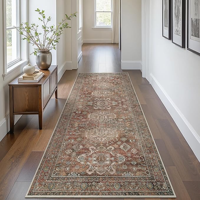 Bavni Washable Runners for Hallways 2X10, Ultra-Thin Non Slip Long Runner Rug, Print Vintage Aesthetic Carpet Runner, Low Pile Rugs for Kitchen Porch Bedroom, Brick